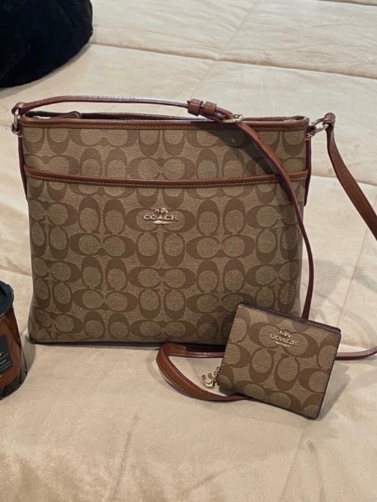 Coach Handbags - Coach Brown Leather Canvas Crossbody Bag Matching Wallet Signature Print Unisex